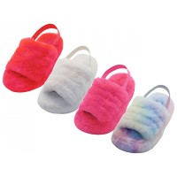 Z1001C-A - Wholesale Children's "EasyUSA"  Soft Fuzzy Plush Upper With Elastic Sling Back House Slippers  ( Asst. Hot Pink. Beige. Red And Rainbow Print )  